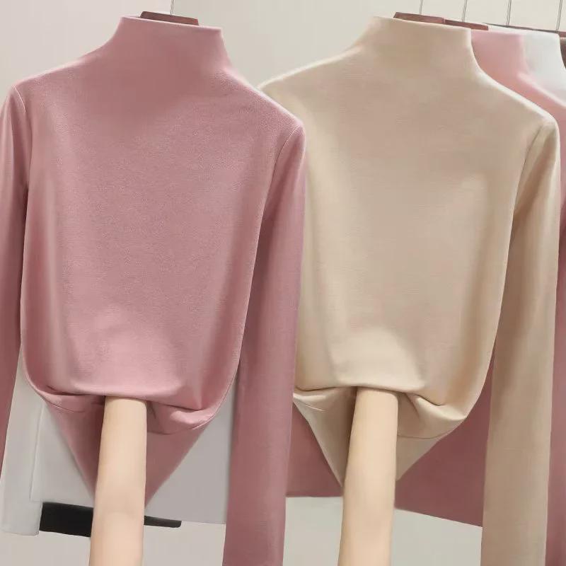Dámské oboustranné sametové tričko s polovyvýšeným límcem, slim, s dlouhým rukávem, na podzim a zimu