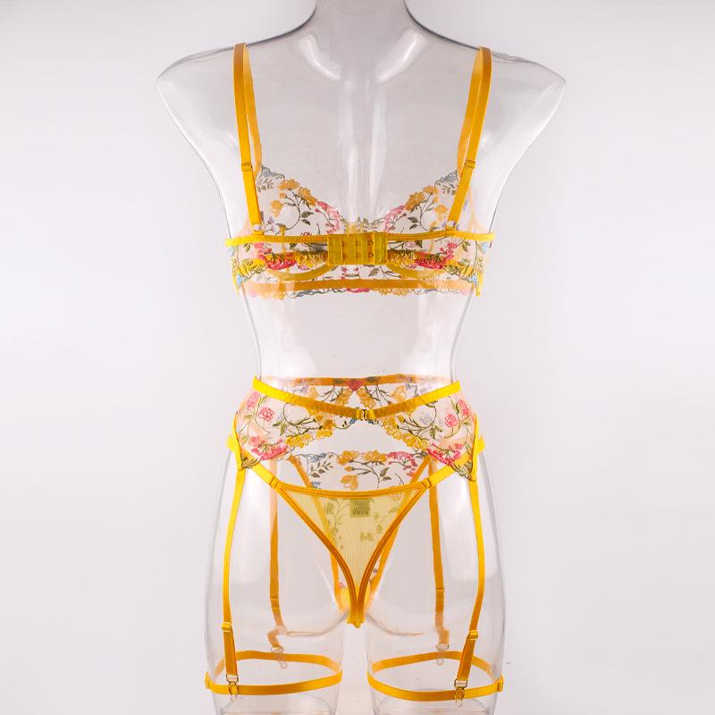 2022 Špičková vyšívaná vícebarevná květinová sexy souprava spodního prádla (4 ks)