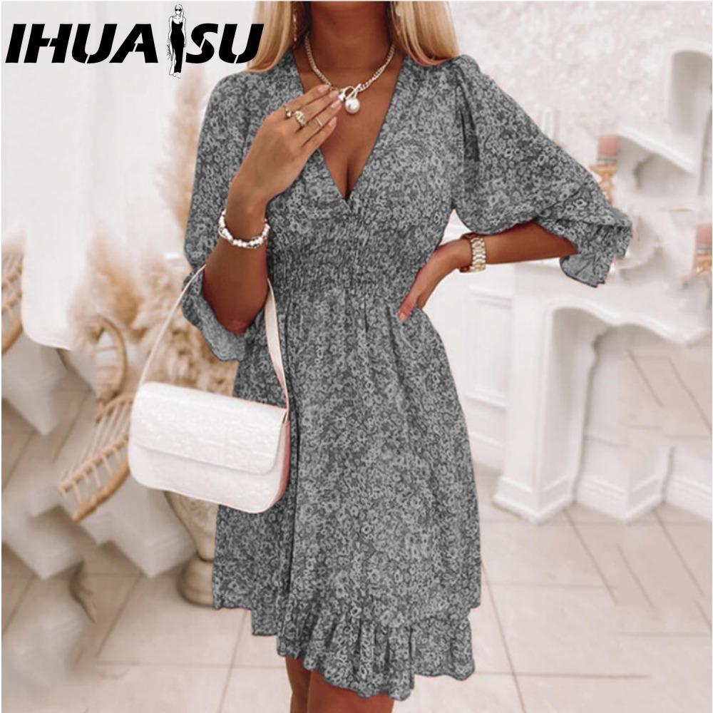 IHUASU Summer Floral Print Mini Dresses Women Vintage Sexy A-Line V-Neck Half Sleeve Party Dress Female Casual Elegant Beach Dress