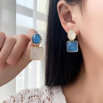 Blue Retro Geometric Square Earrings with French Contrast and Water Ripple Design