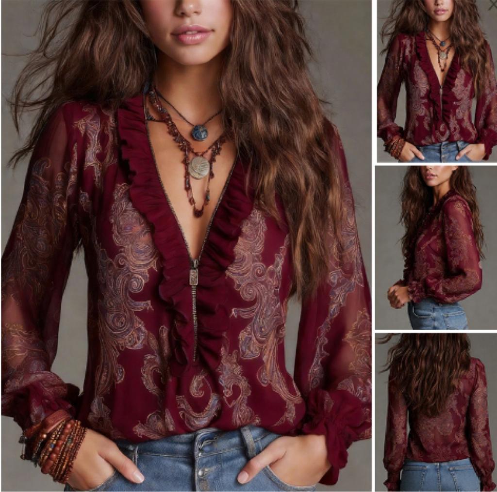 Damen Sexy Bluse Oberteile Rüschen Reißverschluss V-Ausschnitt Durchsichtig Langarm Paisley Muster Hemd Elegant Chiffon Boho Stile Schicke Oberteile