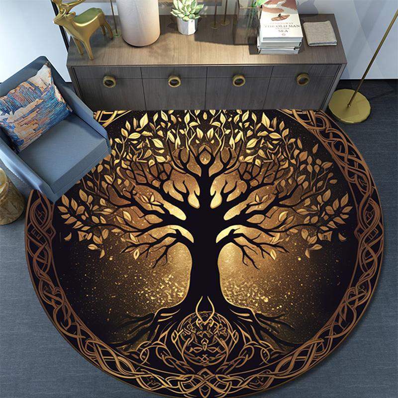 Golden Tree Round Area Rug,Carpet Rug for Living Room Bedroom Sofa Playroom Decor,Non-slip Floor Mat