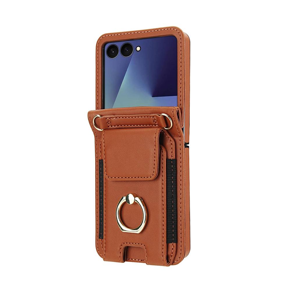 Crossbody Wallet Case for Samsung Galaxy Z Flip 7, with Finger Ring Holder, Wrist Strap, Multiple Card Slots, Stand Flip Cover
