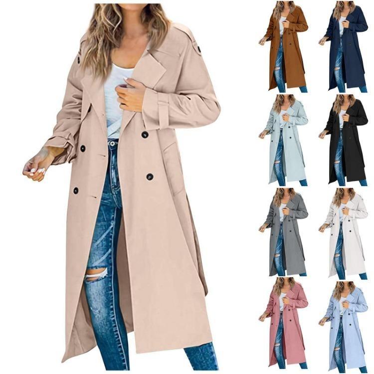 Elegant Women Long Solid Color Trench Coat Casual Winter Autumn Jacket Temperament Style