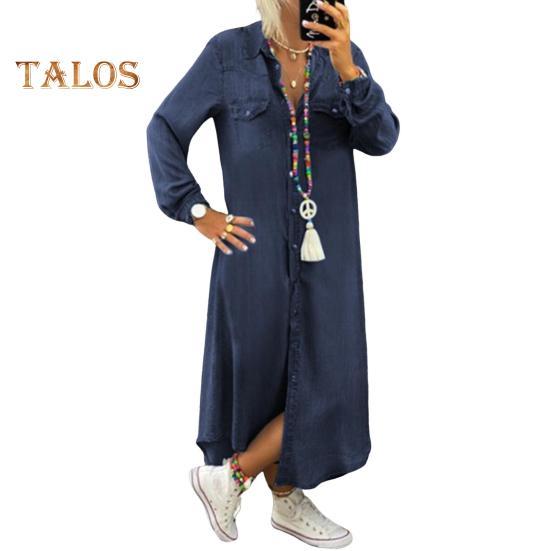 Toamnă, primăvară, rochie de damă, cu un singur rever, mâneci lungi, buzunar pe piept, tiv despicat, rochie de dimensiuni mari, culoare uni, nasturi, linie a, ținută zilnică maxi