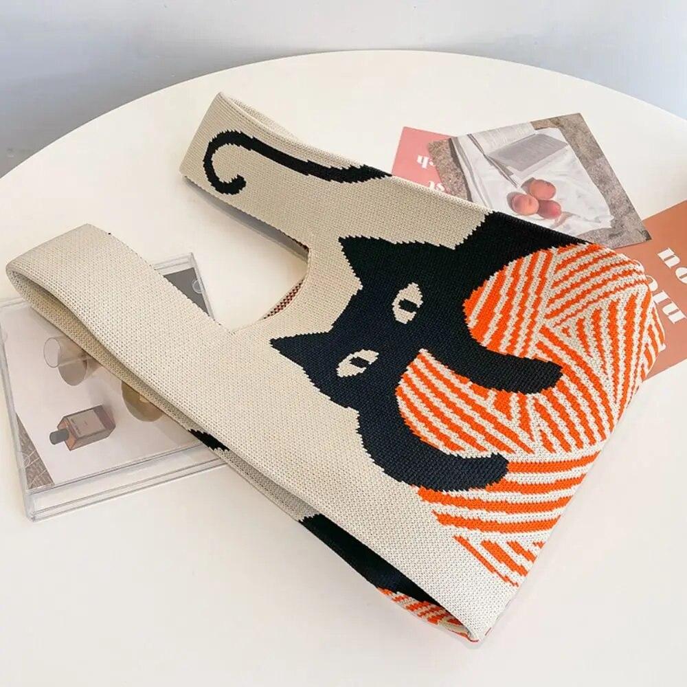 Fashion Handmade Cat Knit Handbag Casual Color Tote Bag Student Reusable Shopping Bags Women Mini Knot Wrist Bag