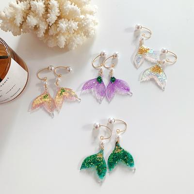 Earrings Mermaid Ji Thin Face Earrings Niche Pearl Ears Hanging Colorful Sequins Fishtail Earrings Earrings Clips