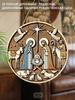 Layered Nativity Scene Round Wooden Hanging Sign, 2D Flat Printed Woodcut Style Religious Wall Door Ornament, Christian Christmas Home Decor Gift