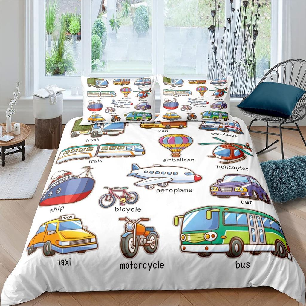 Lenjerie de pat galbenă cu taxi, rege/regină, pentru băieți, desene animate, transport, set de pat roz cu peisaj urban, husă de pilotă din poliester, husă de plapumă
