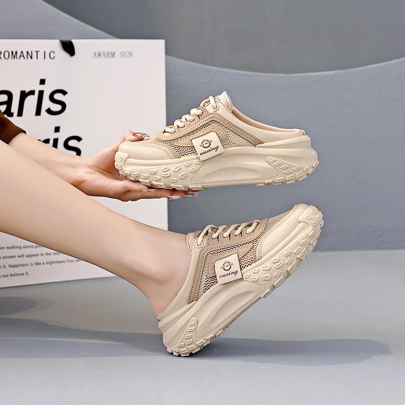 

Thick-soled half-drag mesh dad shoes women 2025 new summer heel-free sports and leisure shoes versatile breathable mesh shoes 35 хаки