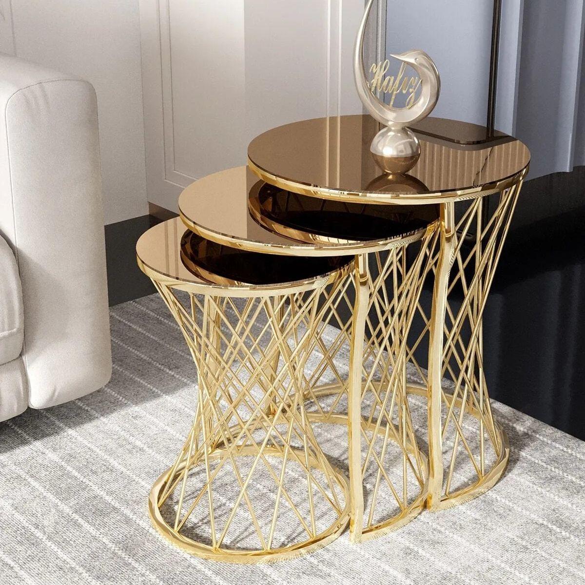 

Декоративный набор из 3 плетеных столиков цвета: золото, серебро, небьющееся закаленное стекло, роскошные современные журнальные столики, набор из 3 предметов, мебельные аксессуары