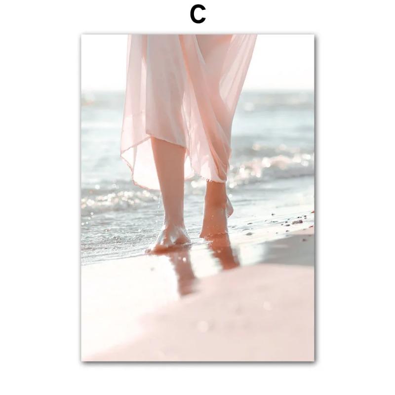 Travel Beach Wall Art Canvas Painting Summer Pink Sunny Bridge Conch Line Girl Posters And Prints Wall Picture For Living Room