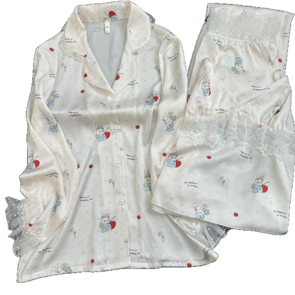 2026 Women's Ice Silk Floral Pajama Set: Long Sleeve Top, Long Pants, Lace Camisole with Bra Pads
