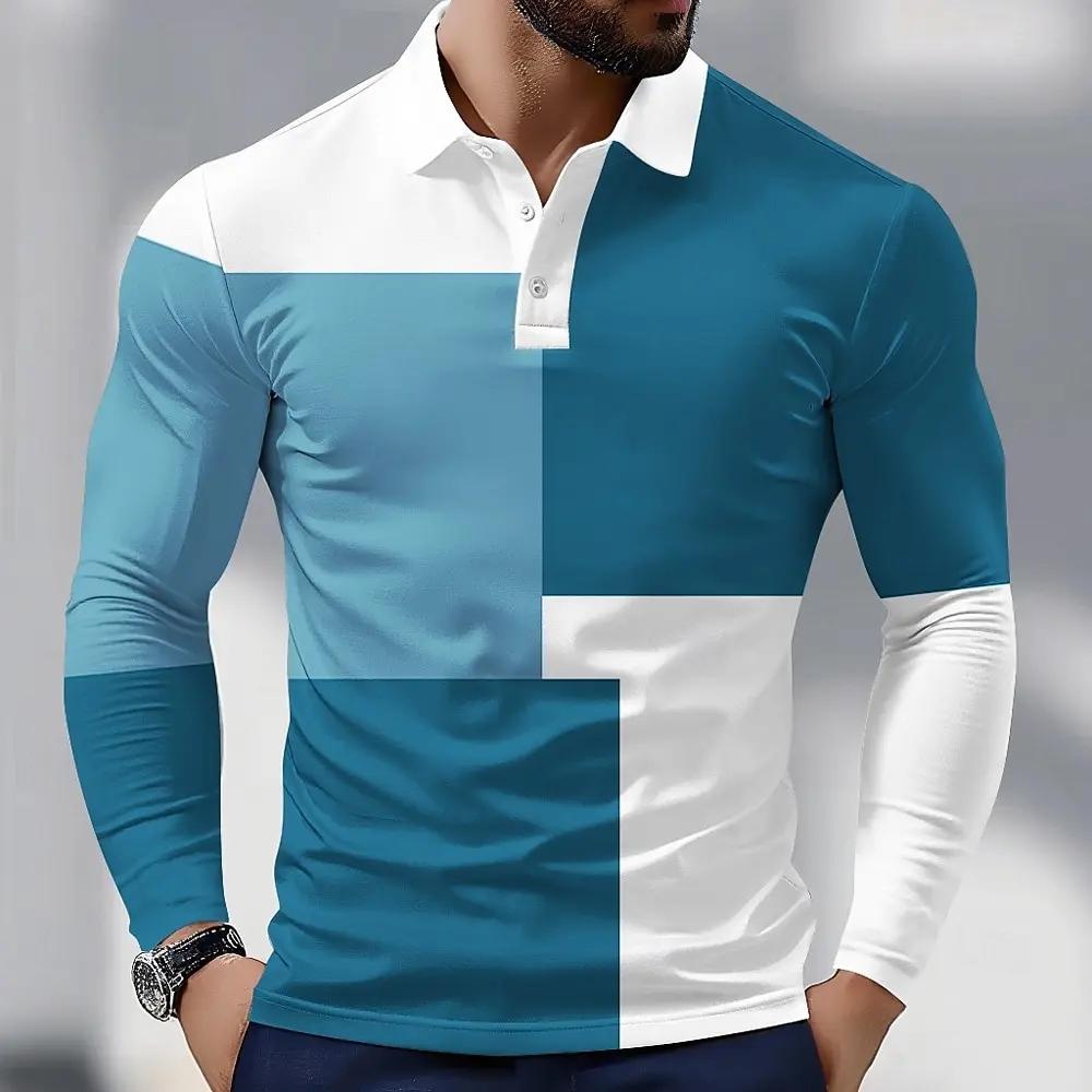

Men s Plaid Splicing Long Sleeve Polo Shirt Lapel Sports Leisure Outdoor Office Daily Wear Button Spring Autumn 3XL синій