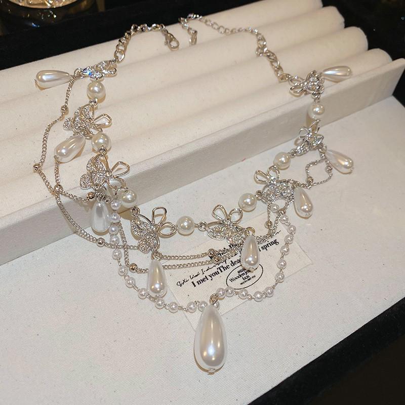 French Inlaid Diamond Pearl Flower Necklace: Elegant Light Luxury, Versatile Clavicle Chain, High-End Jewelry