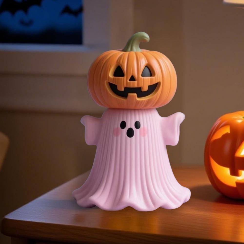 Halloween Ghost Ornament Mini Ghost Statue Pink Halloween Ghost Figurine Set with Pumpkin Decoration Resin Tabletop Decoration