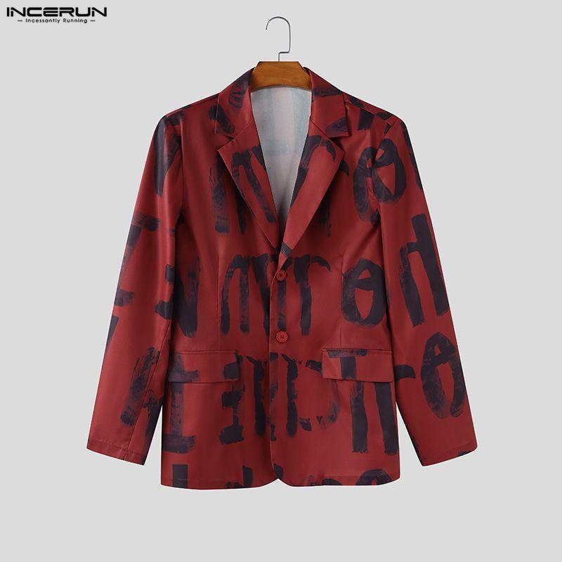 INCERUN Oversized Spring Men Lapel Neck Long Sleeve Print Button Thin Blazer Coats