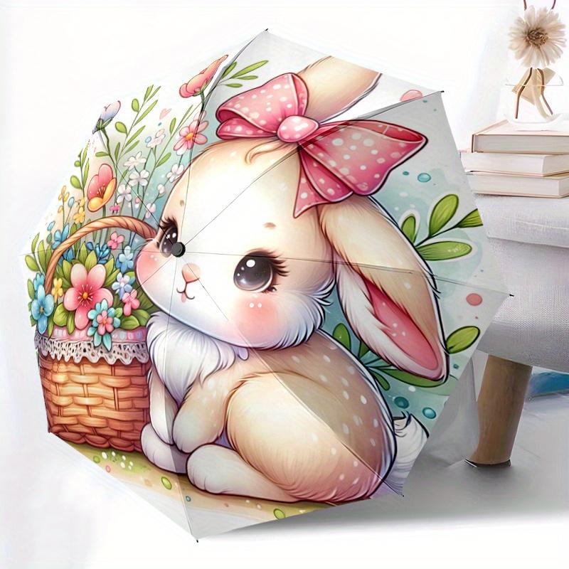 1pc Bunny & Flowers Pattern Automatic Umbrella is Fashionable and Good-Looking, a Portable 3-Fold Umbrella, Suitable for Travel and Daily Use, a