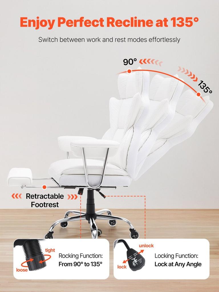Reclining Office Chair with Footrest, Heavy Duty PU Leather Wide Office Chair, Big and Tall Executive Office Chairs with Lumbar Support, Strong Metal