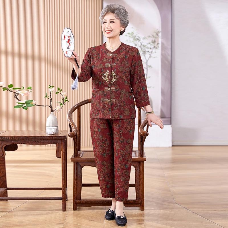 Grandma Style Summer Cardigan Set: Round Neck Two-Piece Outfit for Elderly Women (Ages 70-80)