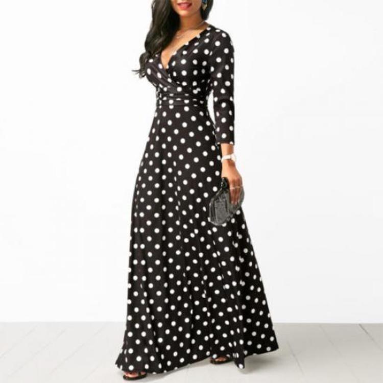 Elegant Polka Dot Maxi Dress Women Long Sundress 3 4 Sleeve Beach Party Evening Holiday