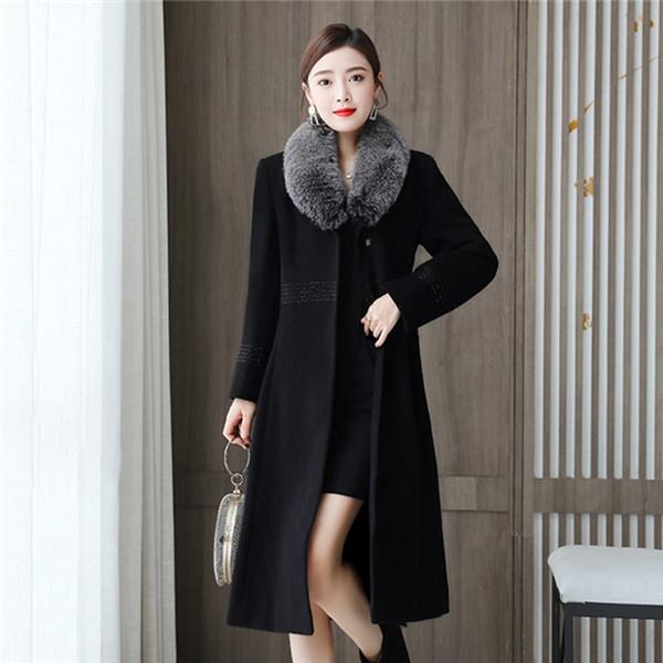 Big Fur Collor Damen Wollmantel Schwarz Langer Trenchcoat Jacke Schlanker Wollmischungsmantel Elegante Freizeitjacke Vintage Gothic Jacke