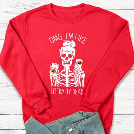 

Halloween Sweatshirt Cartoon Skeleton Long Round Neck Sleeves Letter Print Pattern Keep Warm Soft