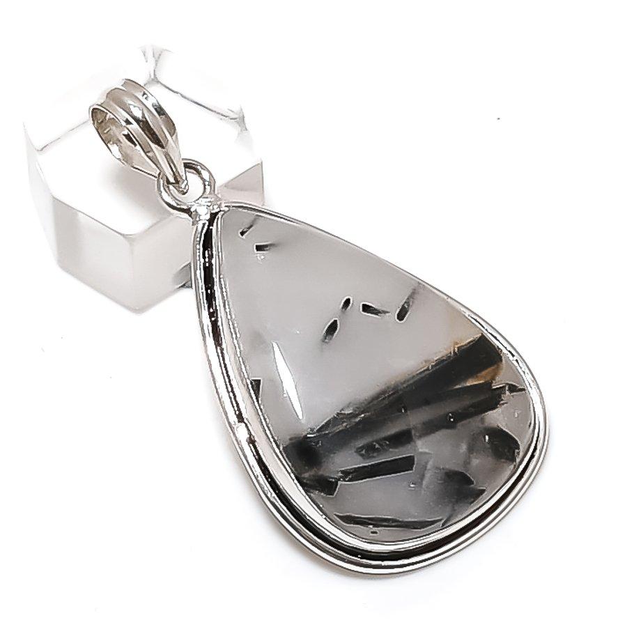Black Rutile Gemstone Handmade 925 Sterling Silver Jewelry Pendant 2.05" g1n39
