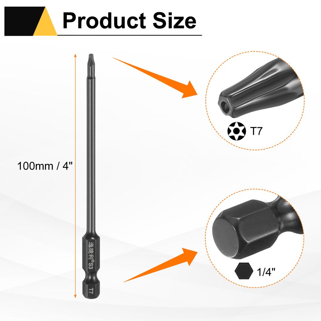 6pcs T6-T40 Torx Screwdriver Bit 1/4" Hex Shank 75mm/100mm S3 Steel Magnetic Tamper Proof Star 6 Point Head Hex Screw Driver Bit