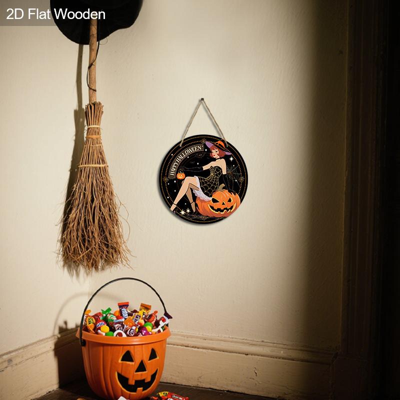 Wooden Happy Halloween Sign with Witch & Pumpkin Pattern - Unique Figurine Ornaments - Ideal for Front Door, Yard, Porch, Room Decor