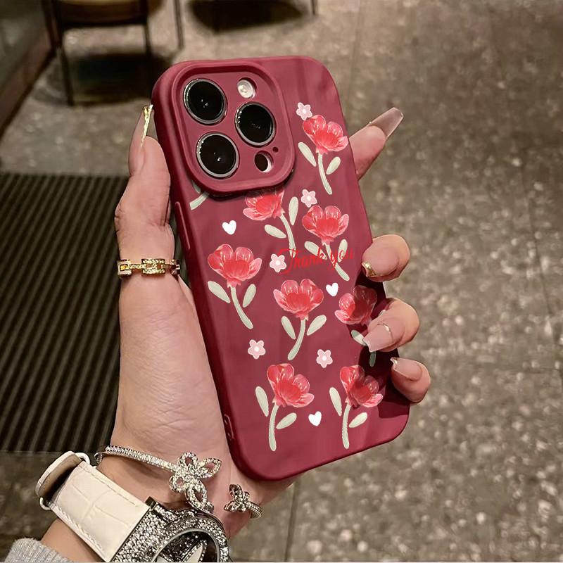 Surface Wrinkles and Unevenness Phone Shell Red Flowers Floral Printed Protective Matte TPU Cover Soft Silicone Case