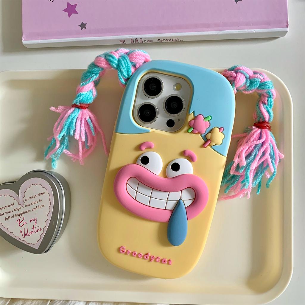 For iPhone 16 Pro Max Silicone Case Cute Colorful Braids Girl Design Shockproof Phone Back Cover