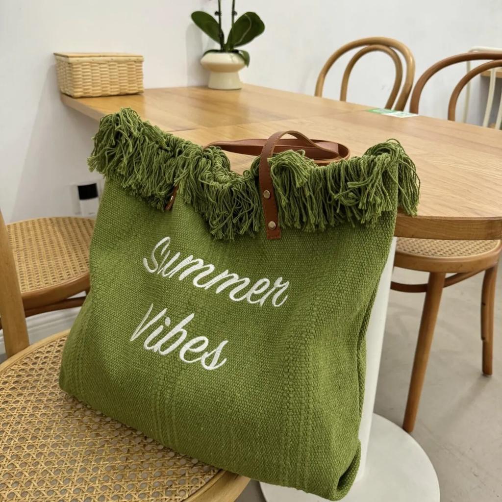 WTEMPO Color-blocking Large-capacity Canvas Bags Casual and Fashionable Tote Bags Simple Embroidered Commuter Women's Bags Summer Beach Bags