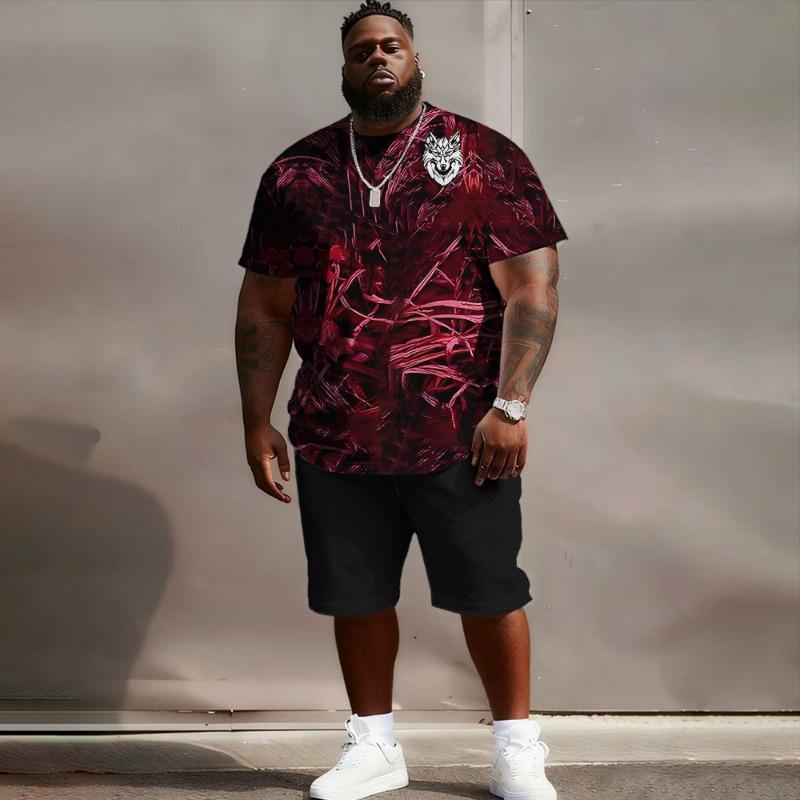 S-6XL Große Größen Herren Oversized Fit, Wolf, Mond & Flamme 3D-Druck T-Shirt & Shorts Set, Lässiges Streetwear Outfit