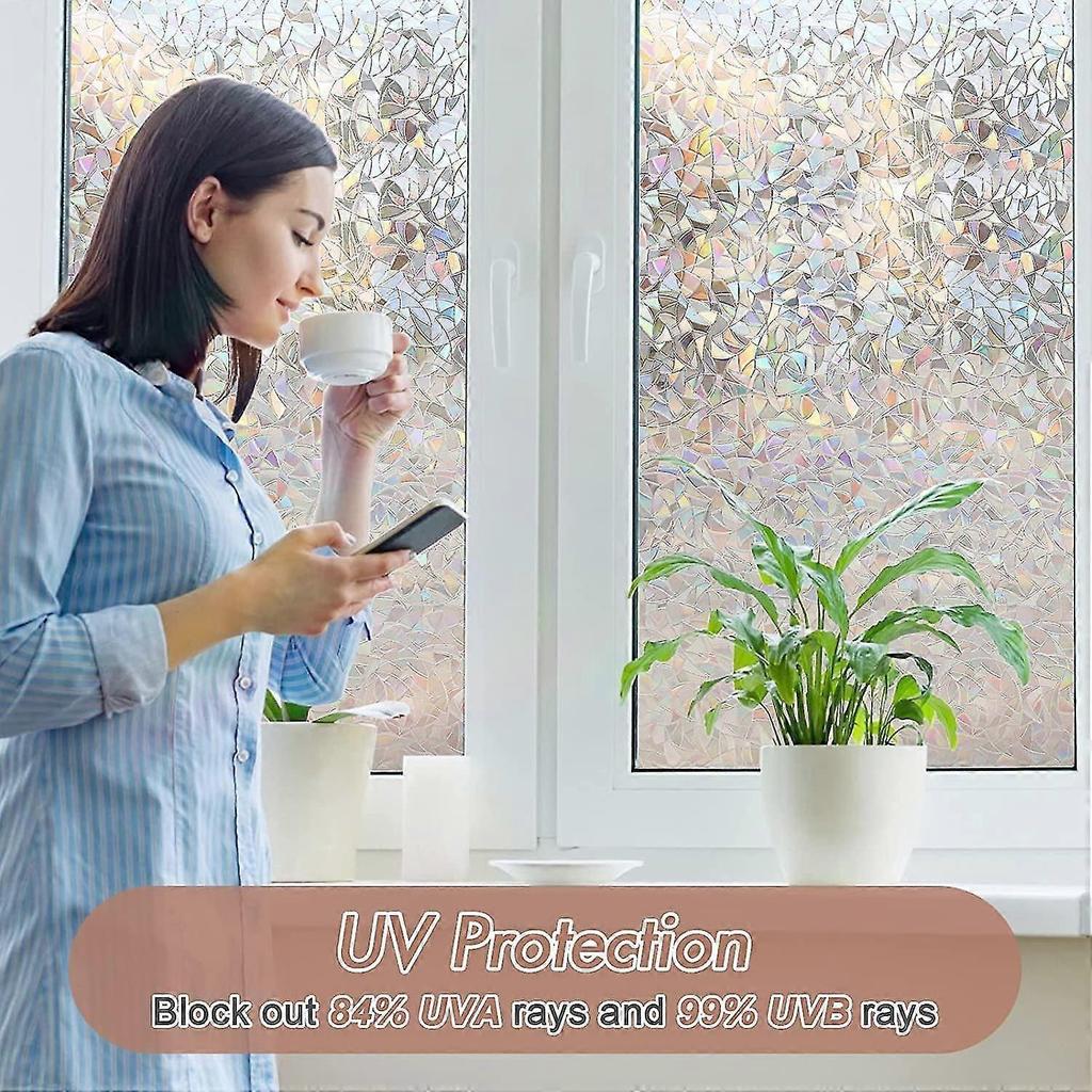 Window Privacy Film Rainbow Static Cling Stained Glass Film Window Covering Sticker Non-Adhesive Removable Reflective Window Vinyl, Anti-UV Sun Blocke
