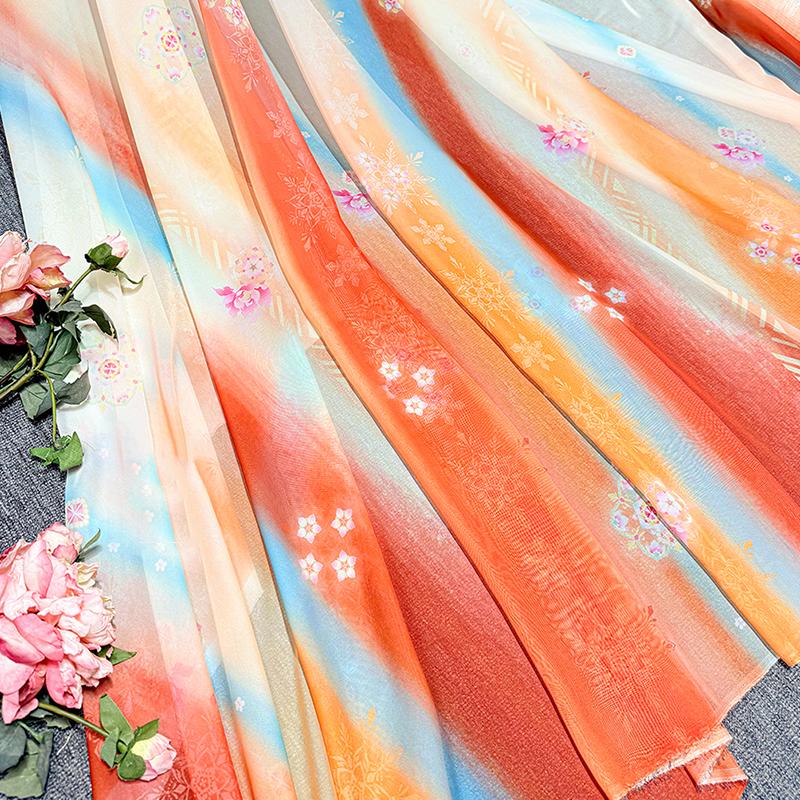 100*150cm Fairy Gradient Color Chiffon Fabric Ancient Style Flowers Printed Tulle Fabric DIY Hanfu Skirts Dress Stage Costume
