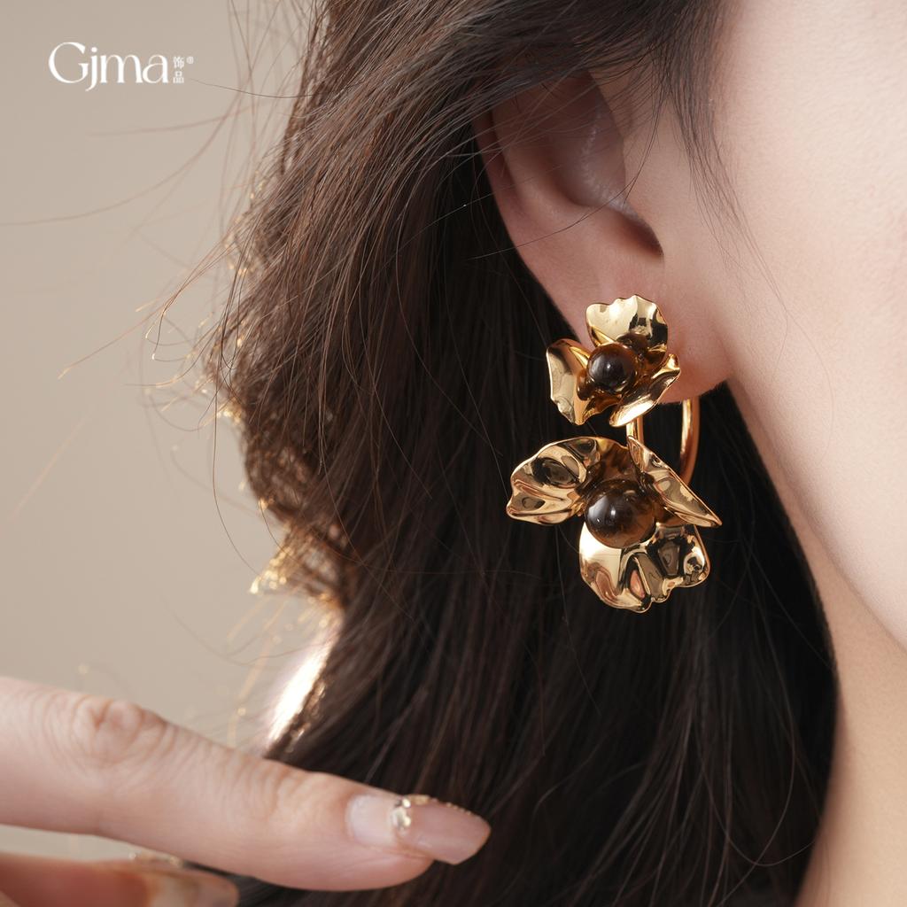European and American pleated flower tiger's eye stone earrings, earrings, fashionable exaggerated personalized earrings