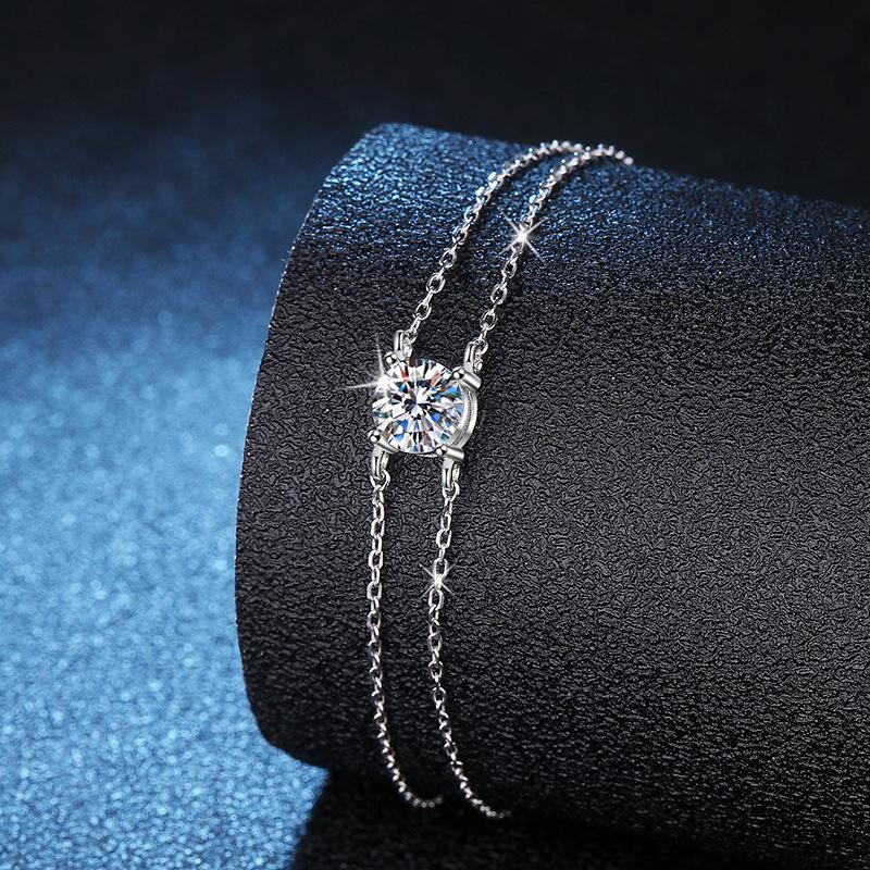 Women's Double-Layer Light Luxury Moissanite Bracelet In S925 Sterling Silver, Featuring a Four-Prong 1-Carat Moissanite Stone.