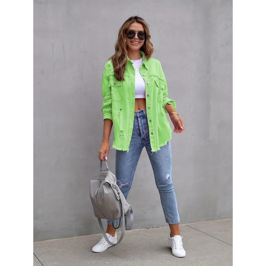 Denim Jacket Women Solid Color Loose,Jacket Hole Breaking Long Sleeve Women's Denim Shirt