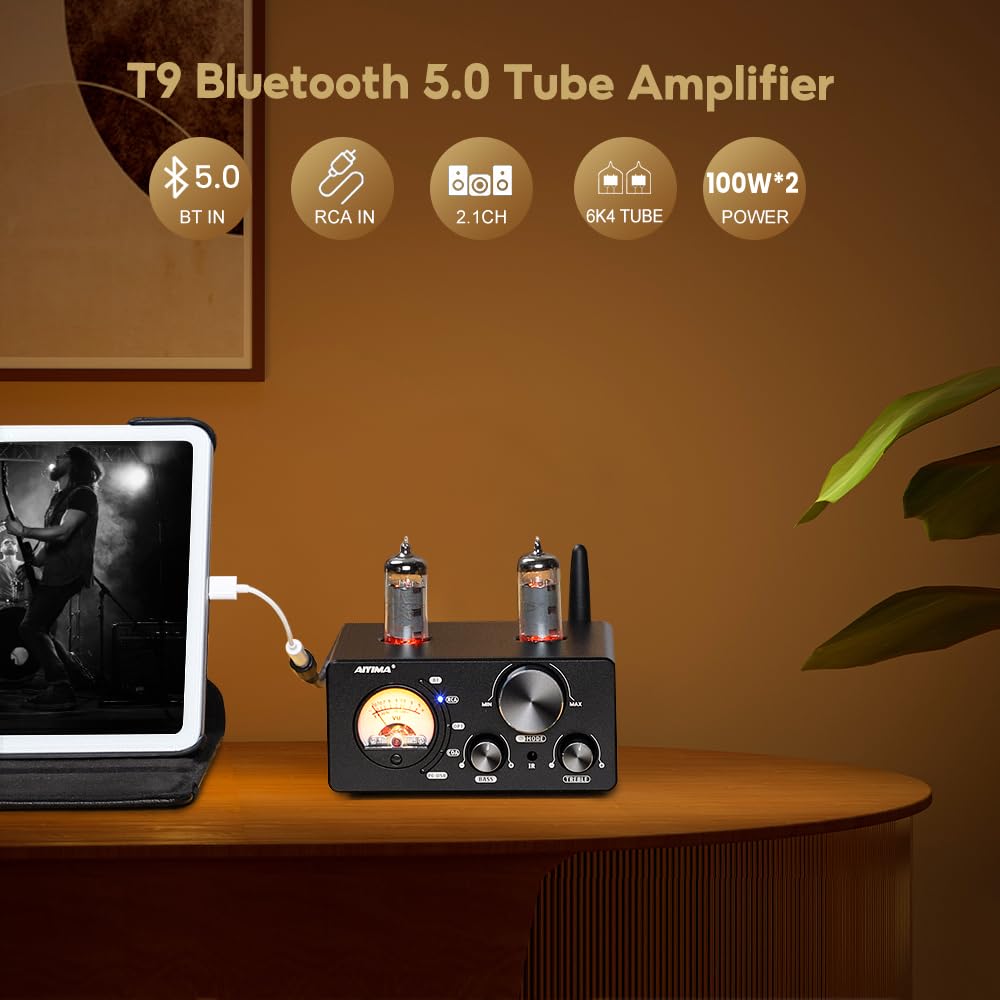 AIYIMA T9 Bluetooth 5.0 100W*2 Tube Amplifier 2.0 Channel Vacuum Tube USB DAC Stereo HiFi Home Audio Digital Amplifier with RCA/COA/Opt/PC-USB and VU