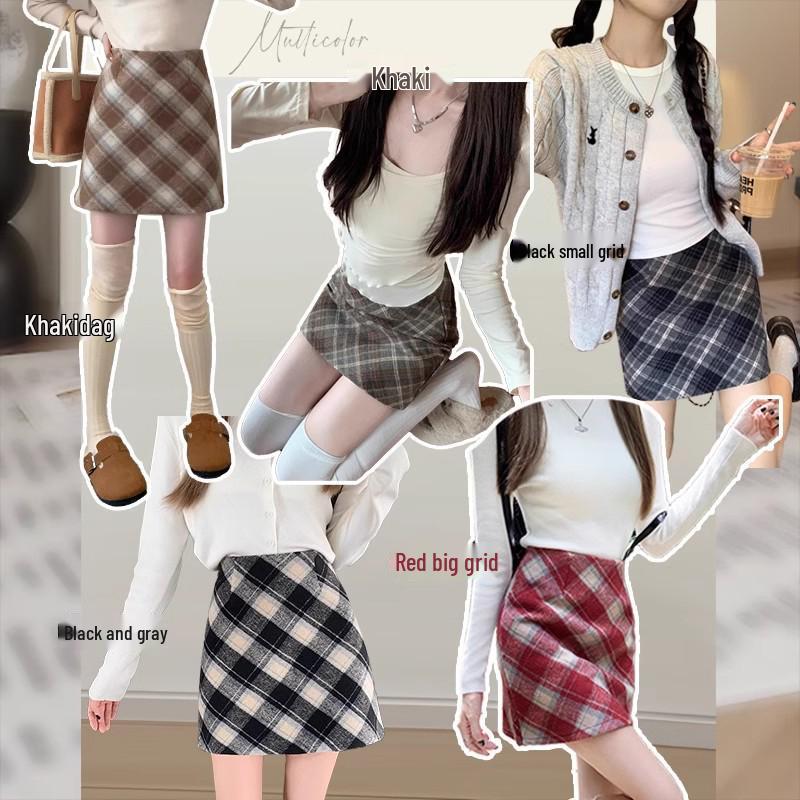 High Waist Retro Woolen Plaid A-line Skirt for Women (Spring/Autumn/Winter)