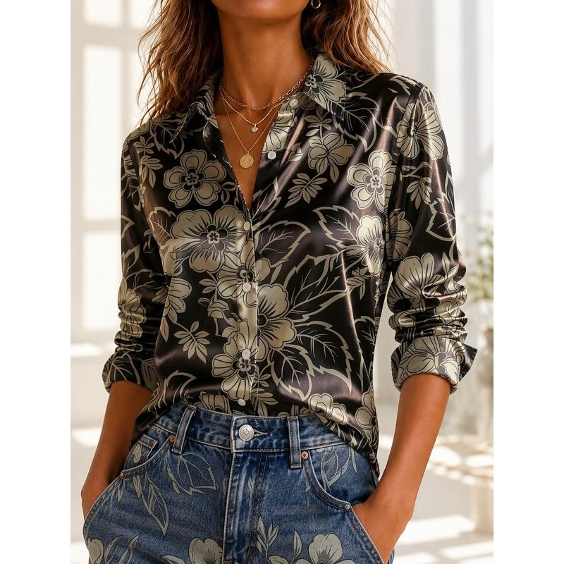 Women Silk Look Satin Shirt Long Sleeve Button Down Blouse Casual Office Work Tops Elegant Fashion Plus Size S-3XL Modern Trend