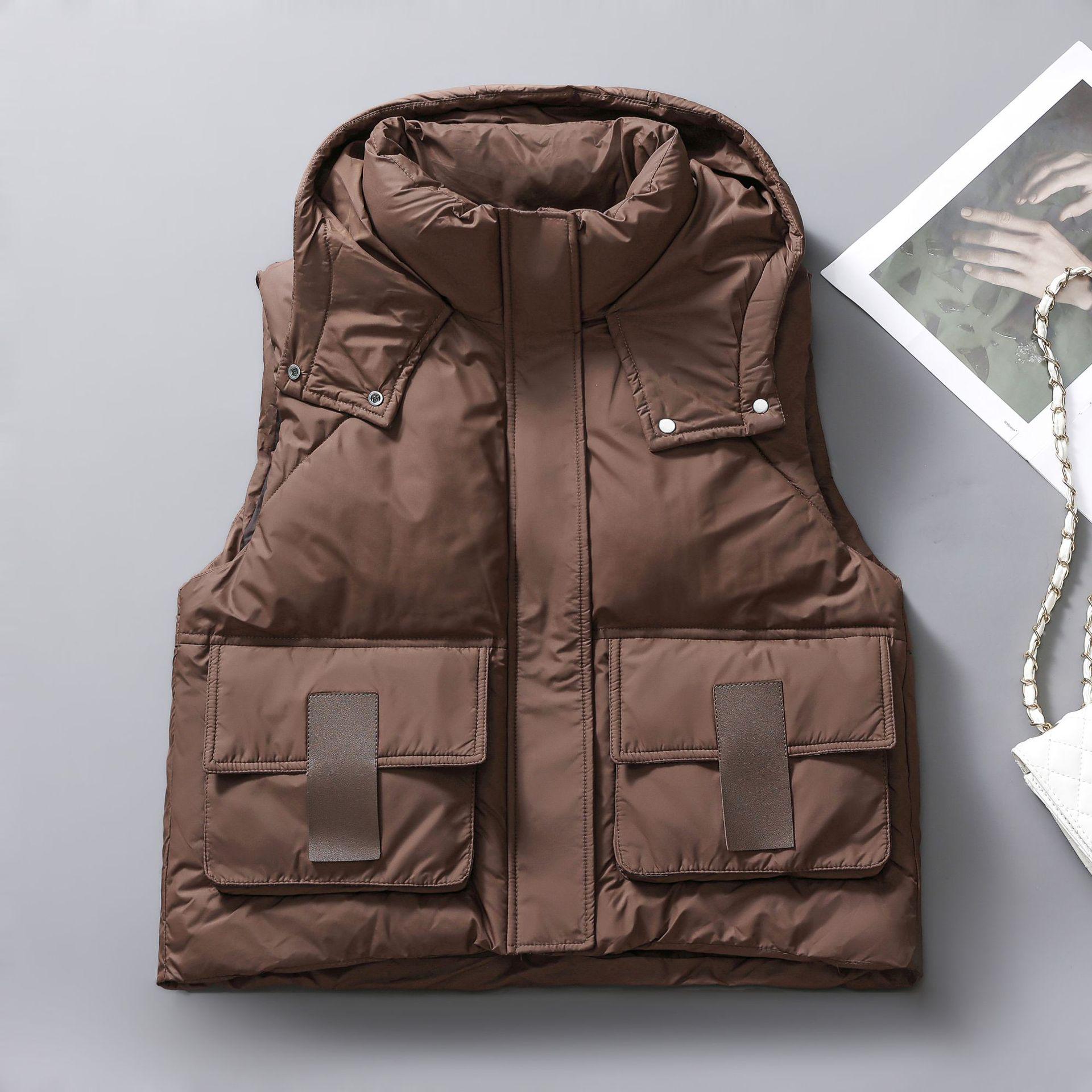 

Жіночий стьобаний жилет з капюшоном у корейському стилі 2024 - Вільний, великого розміру, безрукавний верхній одяг для осені та зими. M [for 85-110 jin] кавовий