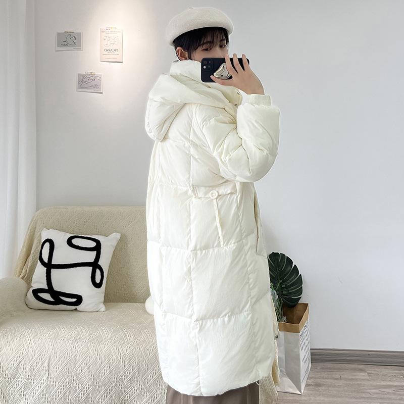 High-rise white duck down long down jacket women's 2024 new thickened hooded sweet warm loose meat cover over the knee