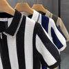 Men's Vintage Openwork Knit Half-Zip Polo Shirt, Short Sleeve, Trendy Royal Blue