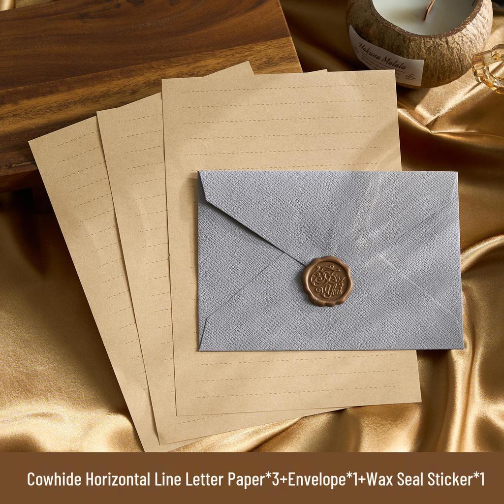 Chinese Retro Style Woven Pattern Envelope & Letter Set with Kraft Paper & Sealing Wax