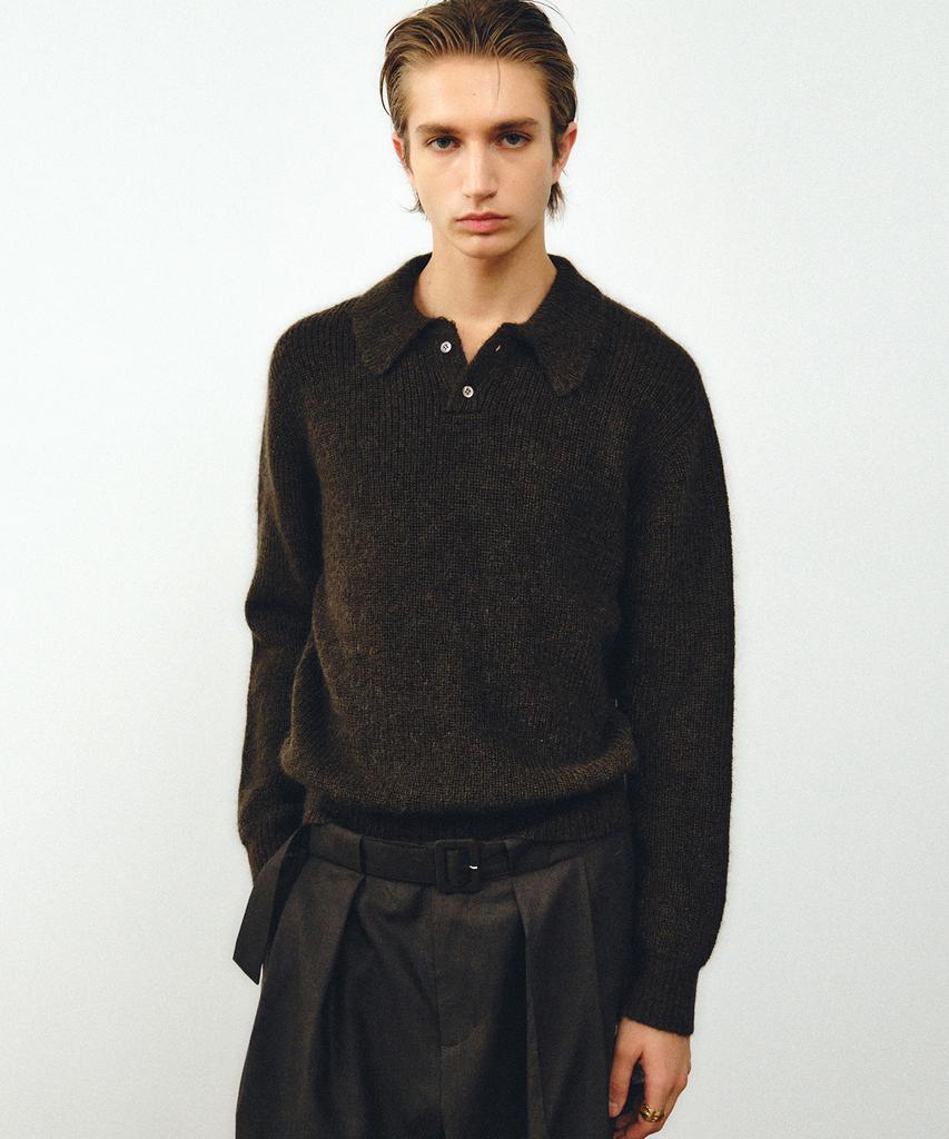 NOIRER Kid Mohair Crop Polo Knit (Khaki Brown)