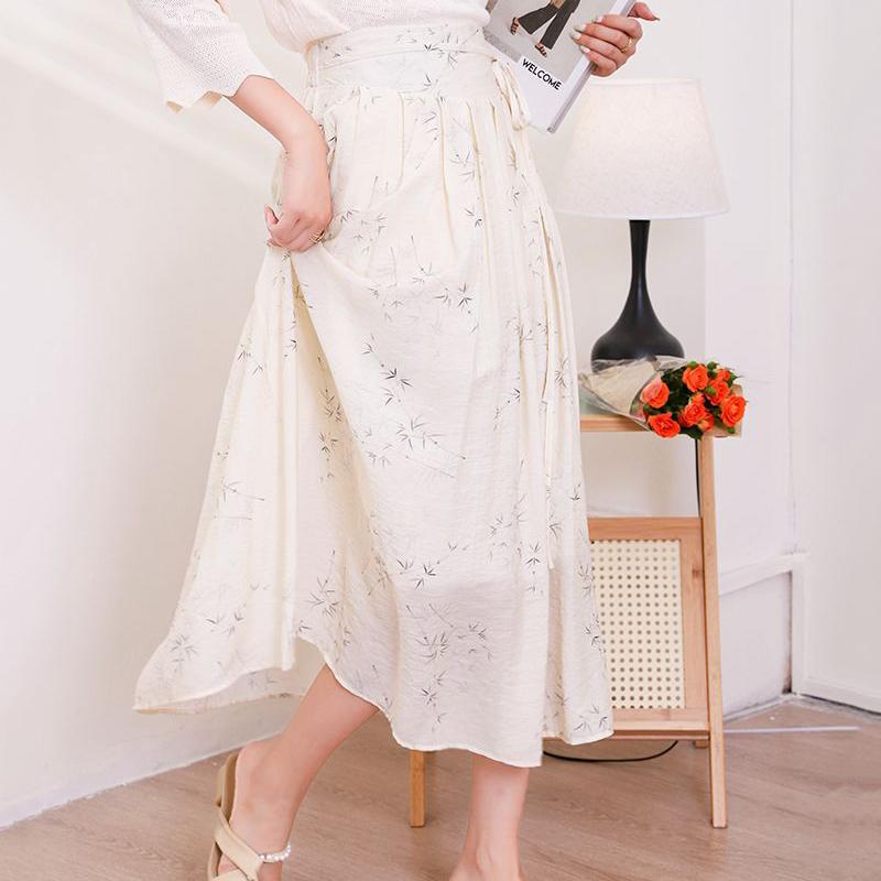 Qooth Hanfu waist wrap skirt  Cotton Linen Printed Pleated Skirt Elegant Vintage Skirt QT2187
