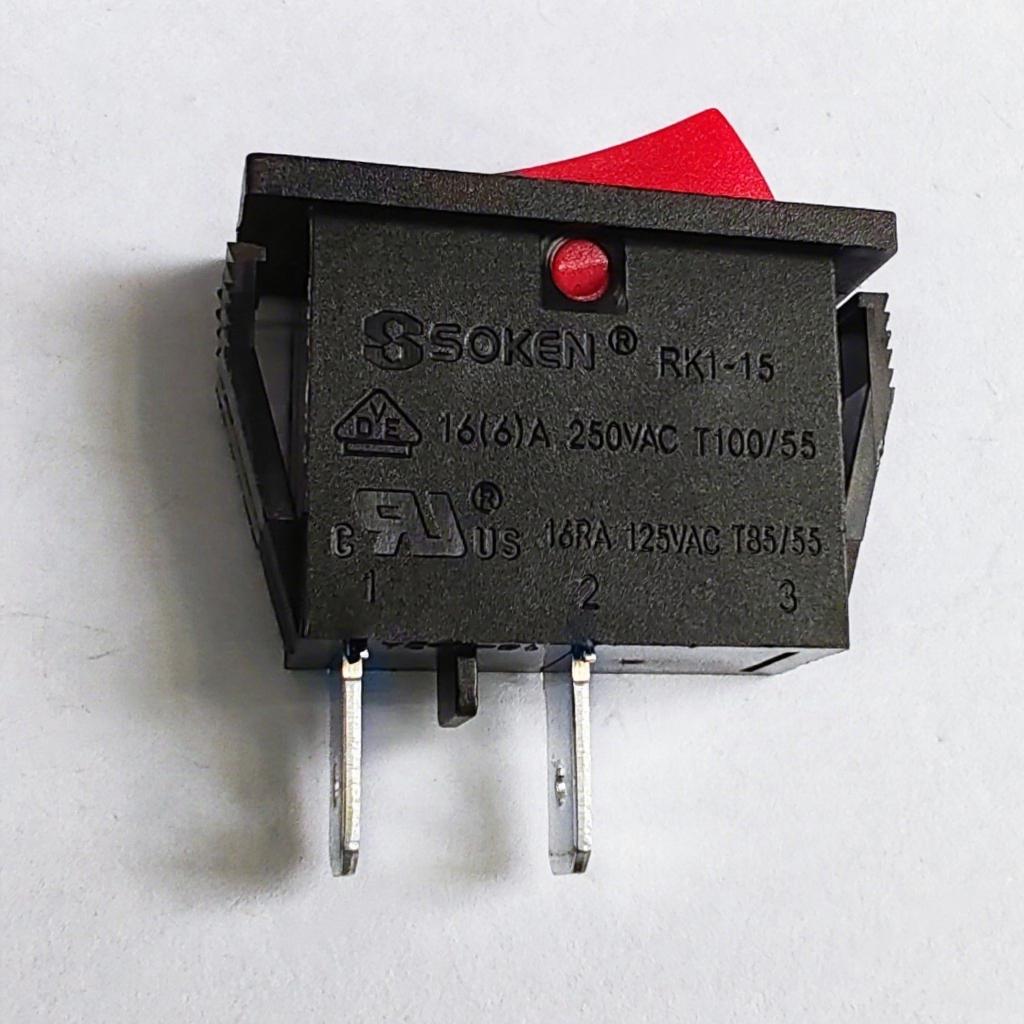 SOKEN RK1-15 Rocker Switch, 2-Position, 2-Pin, 16A, Red Cover, Visible Layout