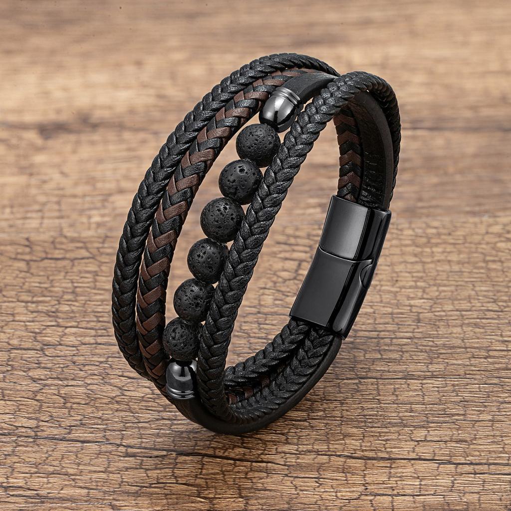 2026 European and American Buckle Fashion Jewelry Multi-layer Leather Rope Hand-woven Bracelet Stone Bracelet